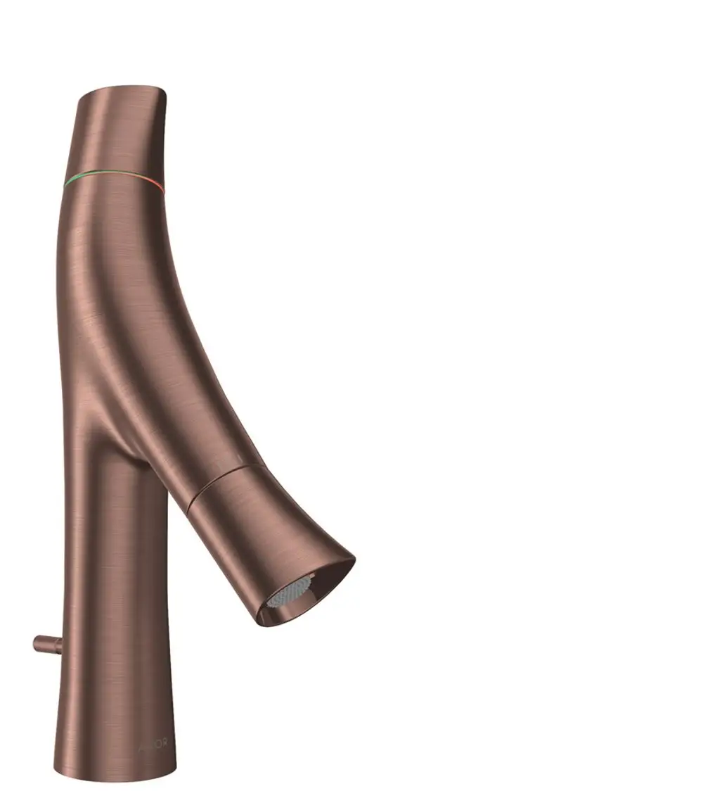 Waschtischmischer von AXOR mit organischer Form, in gebürstetem Rotgold. Zulauf- und Bedienungselemente sind sichtbar. Design betont die moderne Ästhetik im Badezimmer.